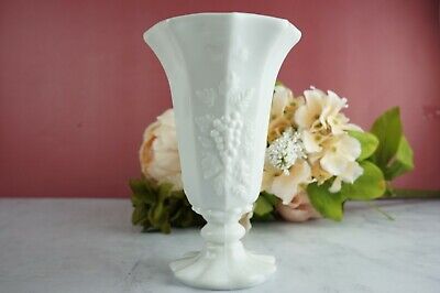 Small Vintage Grape Pattern Paneled White Milk Glass Flower Vase - Footed Vase