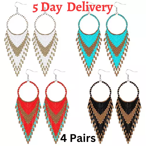 Long Beaded Tassel Earrings Bohemian Fringe Drop Earrings Statement Seed Bead 4p