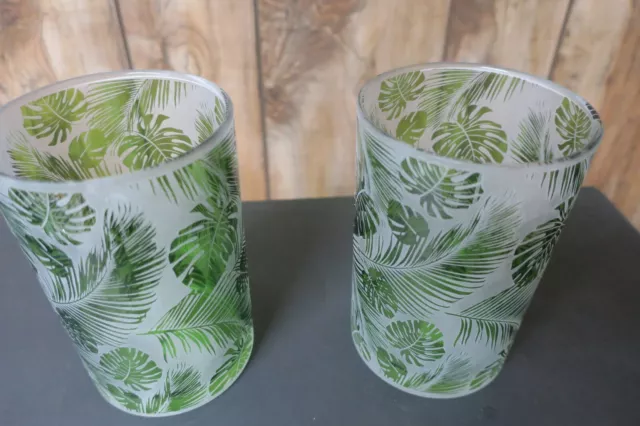 Pair split p frosted green tropical leaf hurricane large vases 7" Tall  5" wide