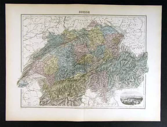 1880 Migeon Map Switzerland Berne Geneva Zurich Alps