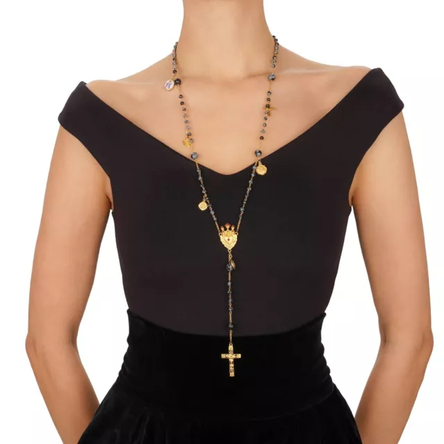 Dolce & Gabbana Rosary Chain Crown Heart Cross Necklace Gold Grey 12712