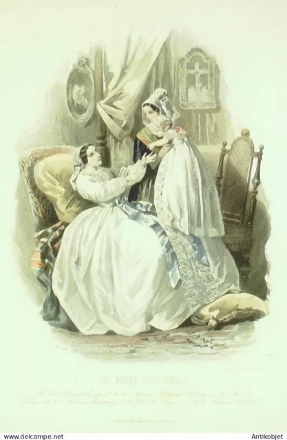 Gravure Modes parisiennes 1855 n°582 robe et bonnet d'enfant dentelles