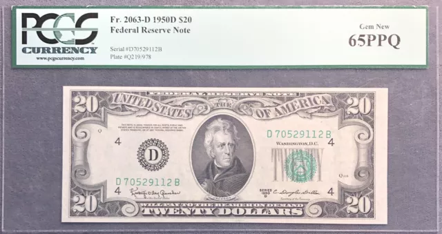 1950-D $20 FRN Fr# 2063 D. PCGS Gem New 65 PPQ.