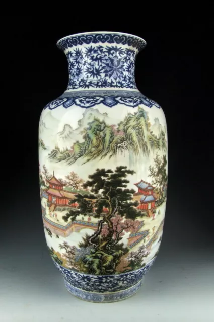 Amazing China Antiques B&W Famille Rose Porcelain Vase with Landscape Scene Deco