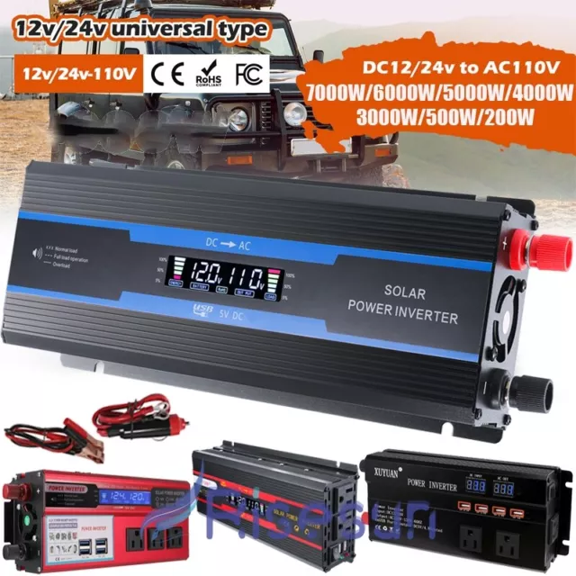 Car Power Inverter DC 12V To AC 110V Pure Sine Wave Solar Converter LCD RV Boat