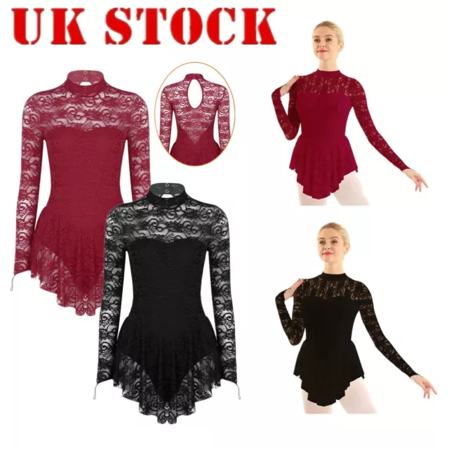 Womens Girls Floral Lace Ballet Dance Figure Ice Skating Dress Leotard Dancewear