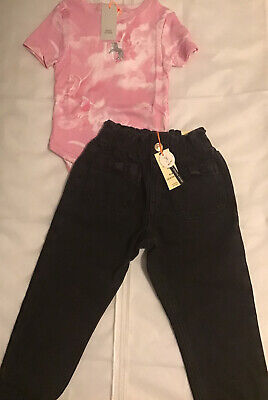 River island mini girls aged 2-3 years bow black denim jeans outfit BNWT