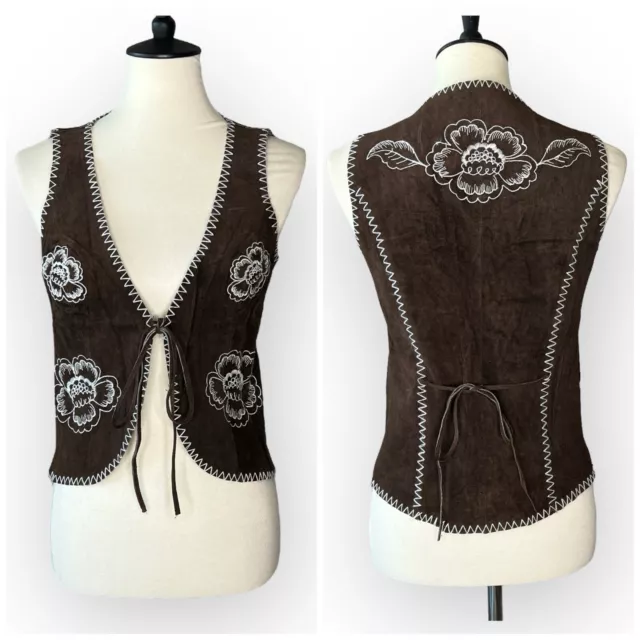 Vintage Bebe Genuine Suede Leather Vest Boho Embroidered Boho Sz M NEW