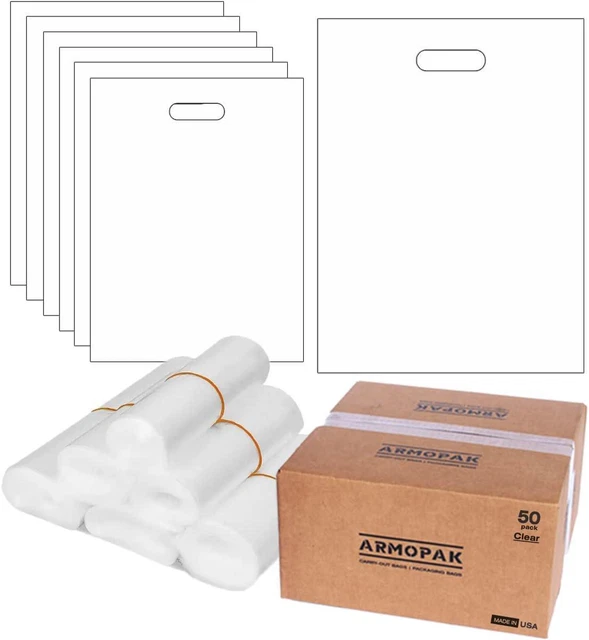 Armopak Clear 12x16.5 Handle Bags with Die Cut Handles 50 Pack 1.5 Mil Bag Tear