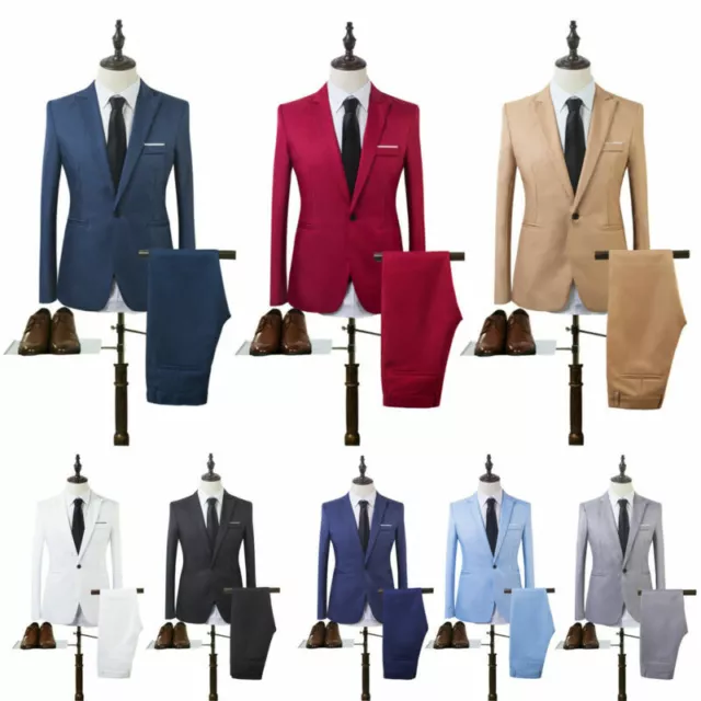 Men's Solid Blazer Suit Slim Tuxedo Coat+Pants Evening Party Wedding Formal Sets