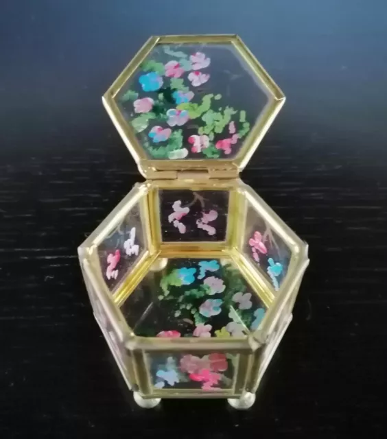 Antico portagioie scatola vetro ottone dipinto a mano fiori primi '900 vintage