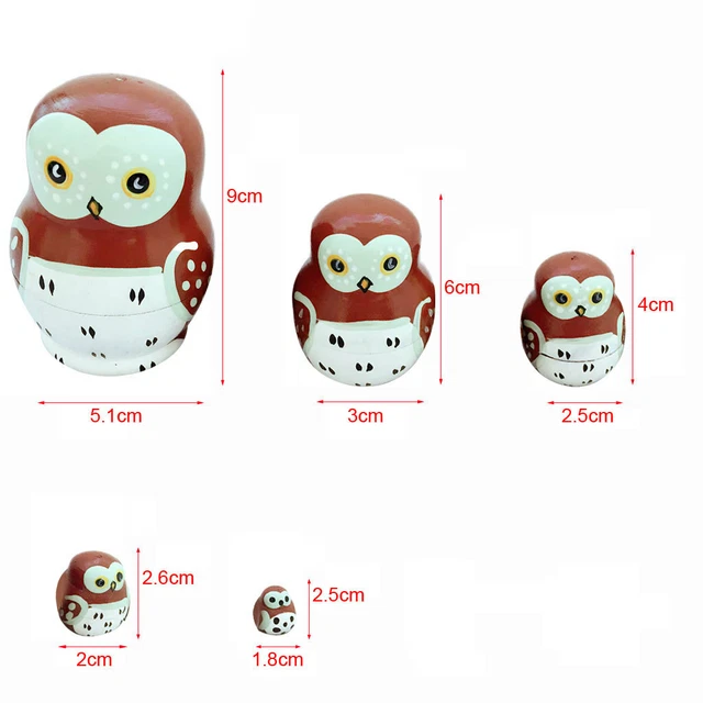 5er Set Matrjoschka Matröschka Babuschka Eule Holzpuppen Spielzeug Dekoration 3