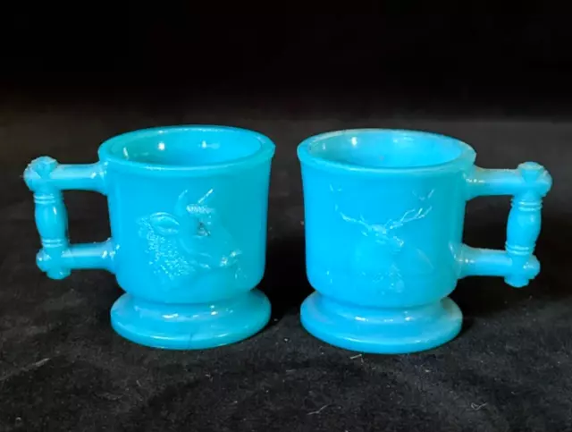 PAIR OF BLUE Milk Glass CHILDREN’S MUGS Deer and Cow BRYCE BROTHERS EAPG c.1880