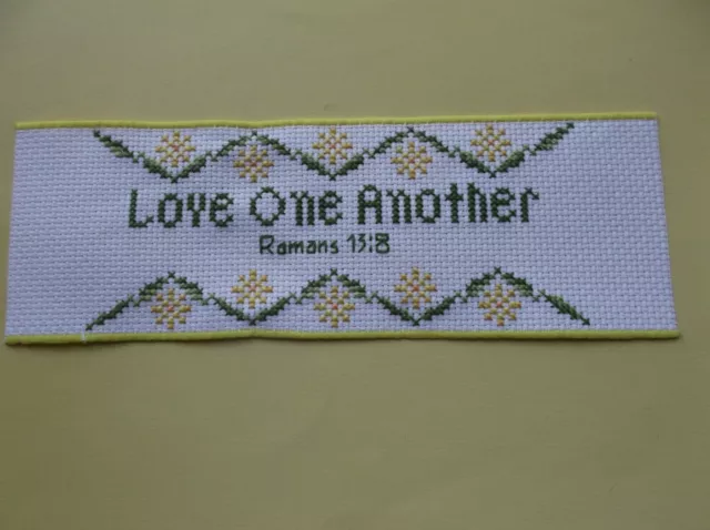 Completed Cross Stitch Bookmark -Faith, Hope, Love flowers and hearts
