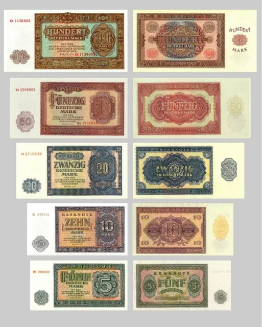 5, 10, 20, 50, 100 DDR Mark Ausgabe Deutsche Notenbank 1955 - Reproduktion