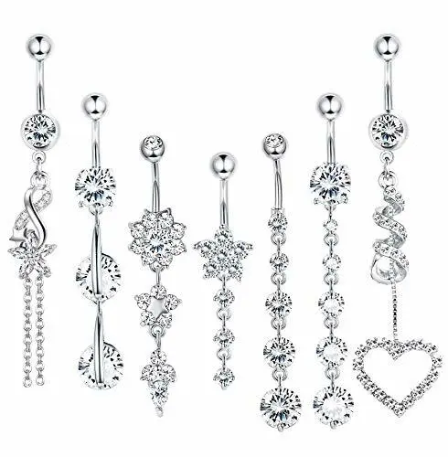 10Pcs 14G Stainless Steel CZ Dangle Belly Button Rings Navel Rings Body Piercing