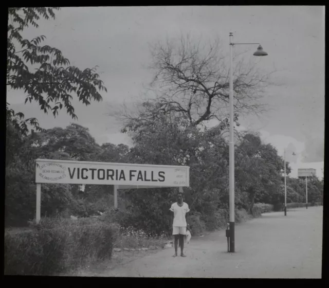 Magic Lantern Slide VICTORIA FALLS RAILWAY STATION SIGN C1949 PHOTO ZAMBIA