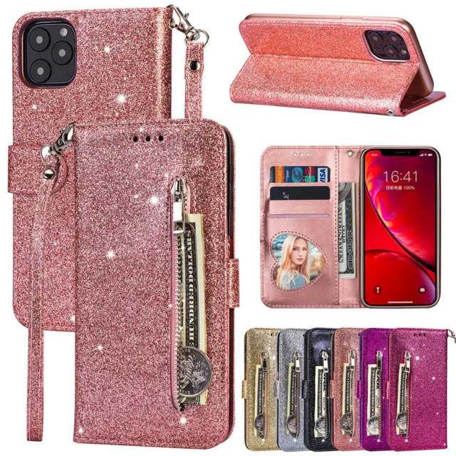 Glitter Bling Zipper Leather Wallet Case For iPhone 15 Pro Max 14 13 12 11 XS 87