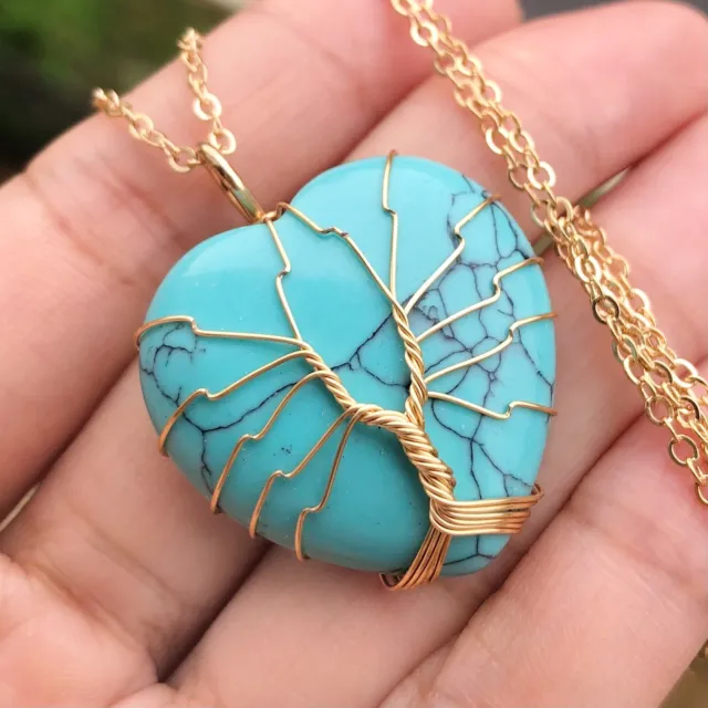 Turquoise Gem Tree Of Life Necklace Chakra Reiki Healing Amulet