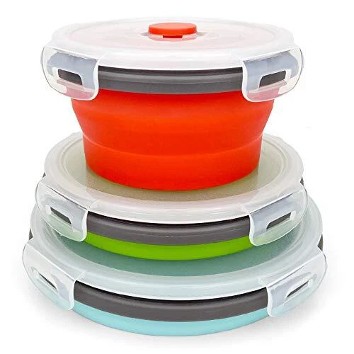 Round Collapsible Bowls with Lids, Reusable Silicone Food Storage...