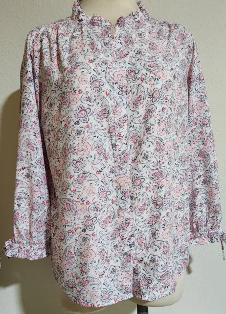 Loft Ann Taylor White Pink Ruffle Collar Long Sleeve Top Blouse Size S