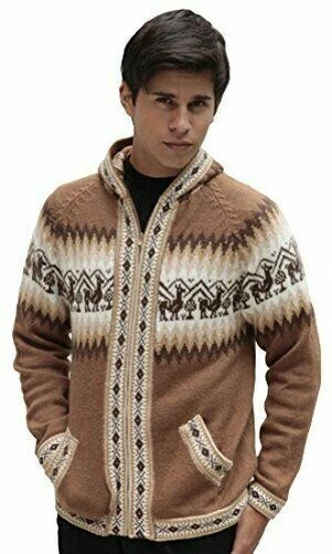 Uomo Lana Alpaca Maglia Giacca con Cappuccio Maglione - Piccolo Llamas Design