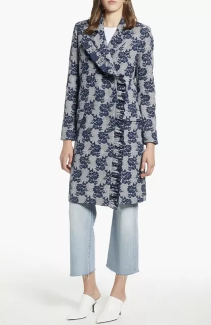 HALOGEN Ruffle Front Topper Coat Gray Plaid Blue Floral Size XXS Longline Jacket