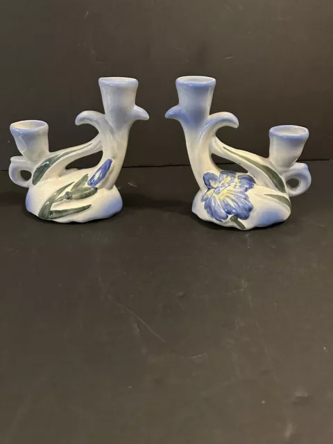 Vintage Camark Arkansas Pottery Blue Iris Candle Holders, #269 USA