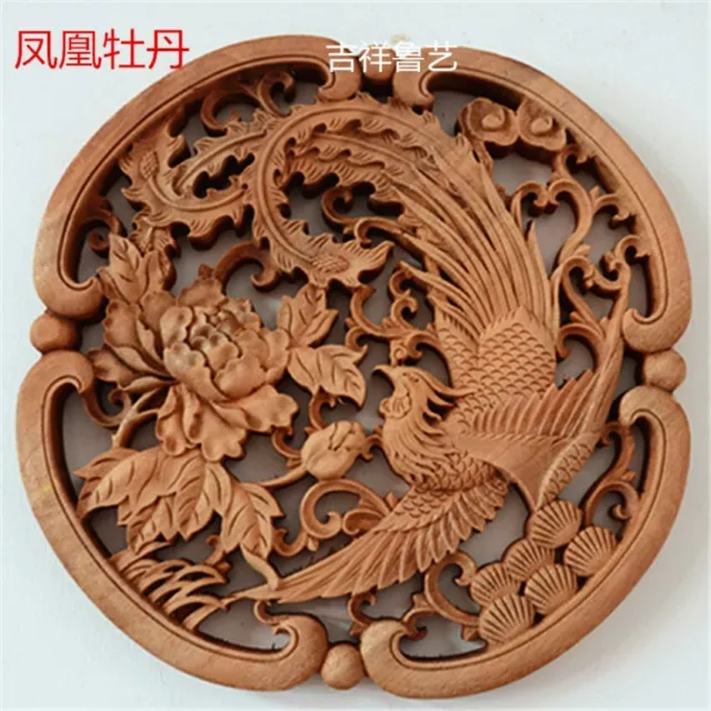 Chinese Hand Carved Phoenix Peony Statue Camphor Wood Round Plate Wall Sculpture
