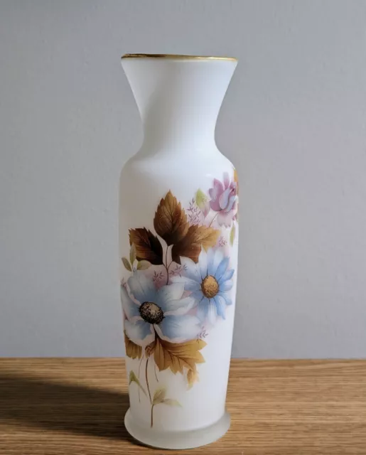 Vintage White Frosted Satin Glass Pastel Rose Flower Gold Trim Cylinder Vase