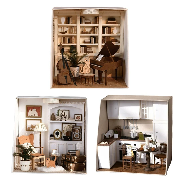 HANDMADE MINIATURE KIT Doll House, W/ LED Light & Furniture Set 3D ...