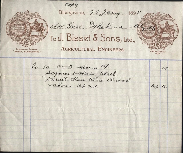 1898 BLAIRGOWRIE J. BISSET & SONS LTD, AGRICULTURAL ENGINEERS fine billhead