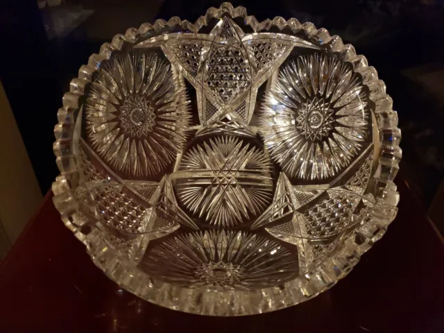 8" Serving Bowl American Brilliant Period Cut Glass Crystal Sunburst Hexad Hobs