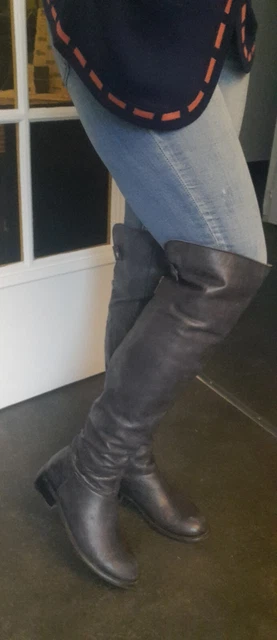 Magnifiques Bottes Cuissardes En Cuir Véritable Gris Vintage P37