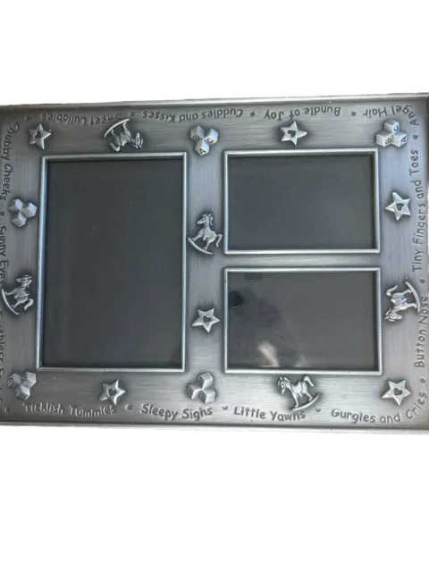 Heavy Pewter Metal 3 Baby Photo Frame by Carr  Holds 2 2x3" Photos and 1 4x6"