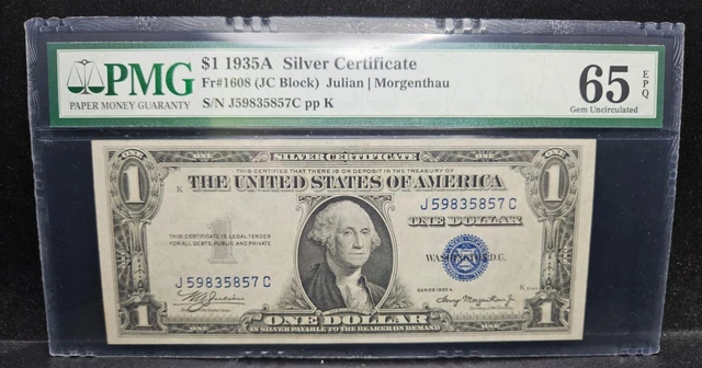 1935A $1 Fr.1608 Silver Certificate JC Block No Motto PMG 65 Gem Uncirculated