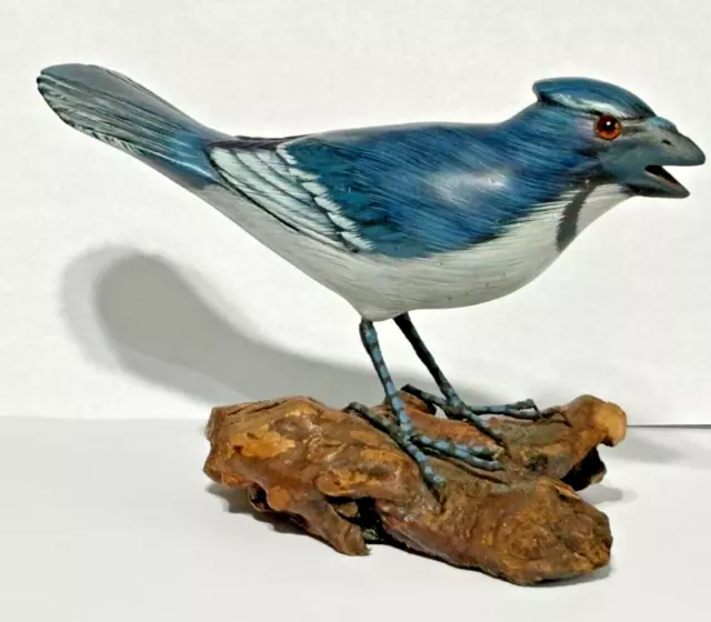 Vintage Carved Natural Wood Blue Jay Figurine Hand Painted Driftwood Glass Eyes