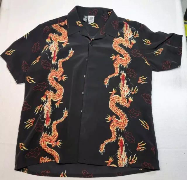 KENNINGTON LTD Dragon Button Down Hawaiian Shirt Black Flame Red XL Y2K Vintage