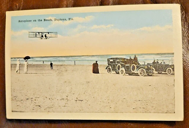 Aeroplane Airplane on Daytona Beach FL Florida Old Cars Autos Postcard
