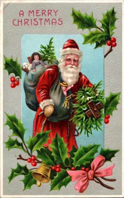 Antique Christmas Postcard Santa Red Robe Fur Lined Big Toy Bag Holly Bell 324