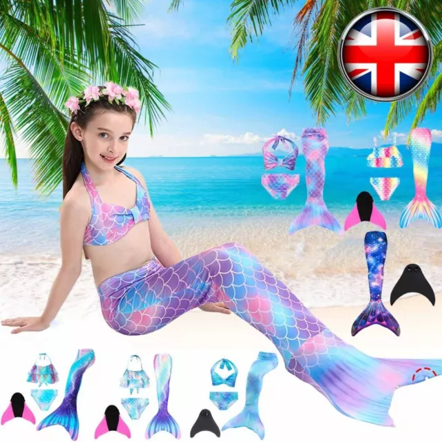 UK Kids Mermaid Tail With Monofin Swimmable Bikini Set Swimsuit Swimming Costume 2