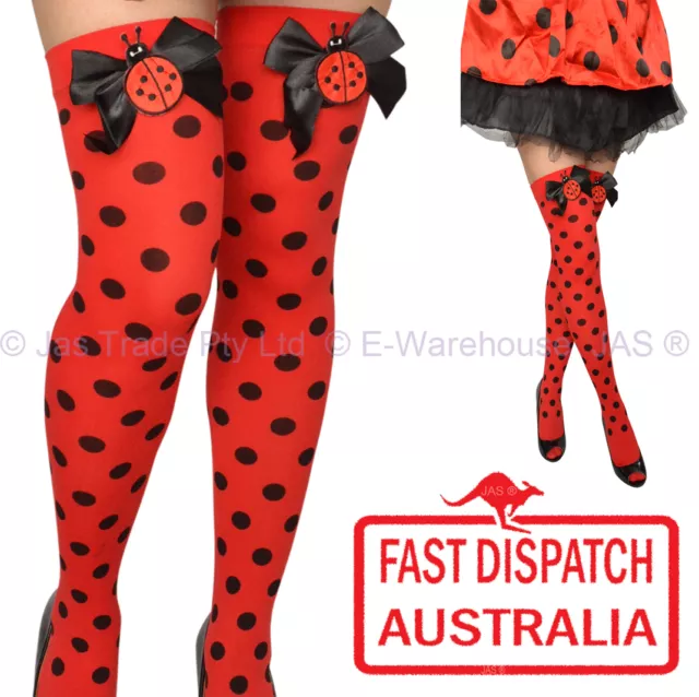 Costume Fancy Dress Thigh High Stocking Black Bow Polka Dot Ladybird Ladybug RED