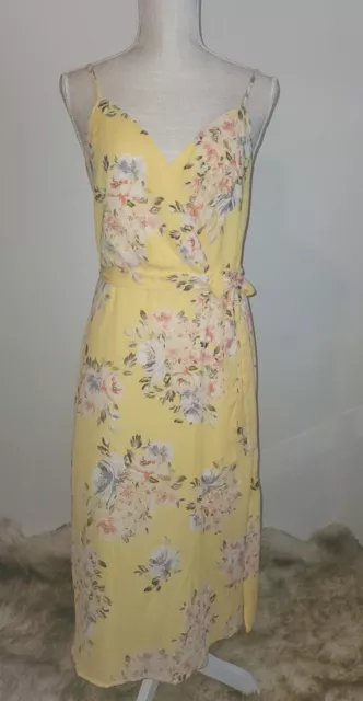 Mi Ami womens yellow floral Dress Long Maxi Size M bright print flowy belted