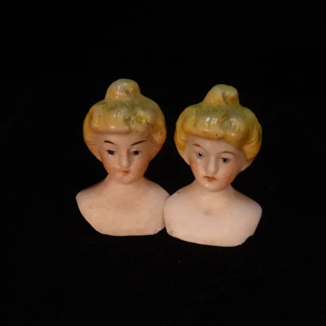 2 Antique dollhouse doll heads twins miniature lady bisque porcelain small size