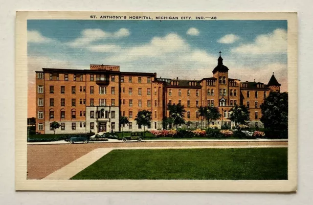 1930s Michigan City Indiana IN St Anthony's Hospital Vintage Linen Postcard Cars