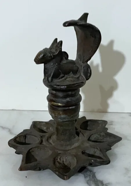 Unique Antique Indian Hindu Bronze Statue - Oil Lamp With Deity On Top
