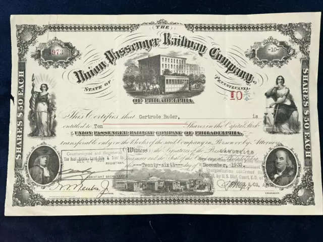 Union Passenger Railway Company of Philadelphia Stock Certificate Pennsylvania