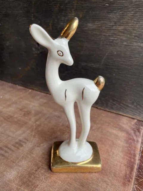 Art Deco MCM Pottery Porcelain Deer Figurine w/ Gold Trim Accents Statue Vintage