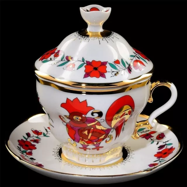 Cup with Lid and Saucer Red Rooster Russian Imperial Lomonosov Porcelain