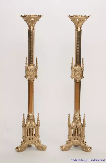 Pair of Ornate Brass Gothic Church Candlesticks 40" ht. chalice co. (#61)